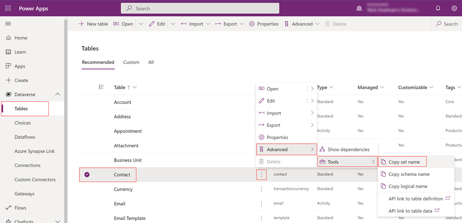 Como localizar EntitySetName de uma tabela do Dataverse.