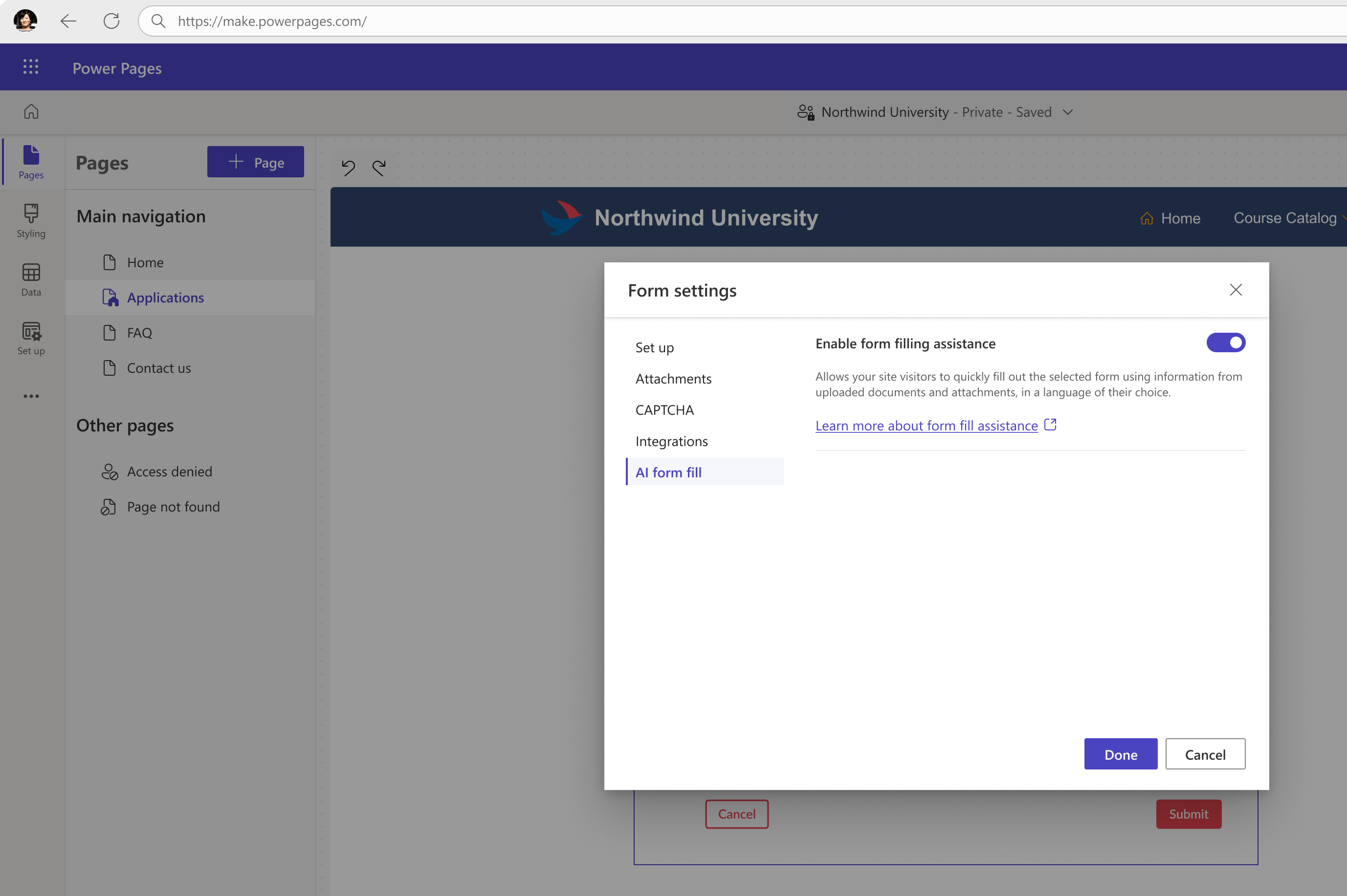 Captura de tela da configuração de preenchimento de formulário de IA na seção Configurações de formulário do Power Pages.