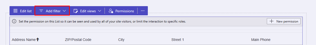 A barra de ferramentas da lista no espaço de trabalho do Pages com o item de menu Adicionar filtro destacado.