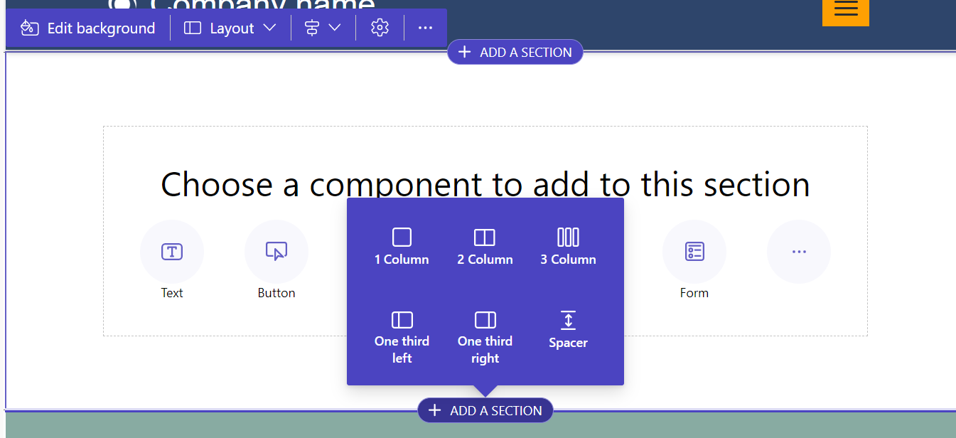 As seis opções de layout de seção.