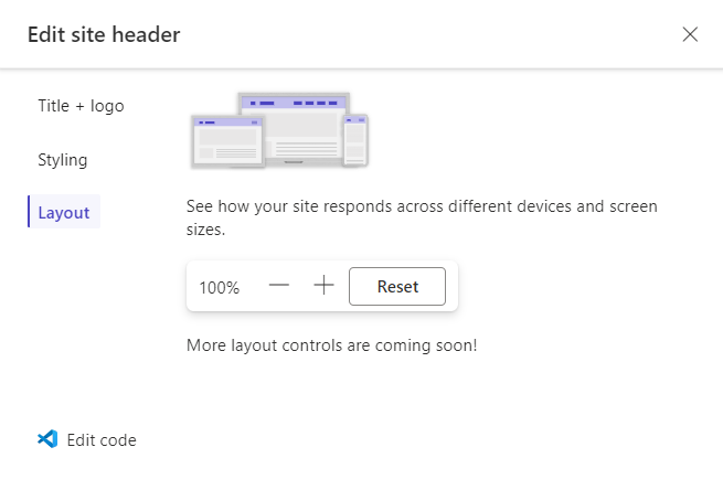 Captura de tela das opções de layout na janela de edição do cabeçalho.