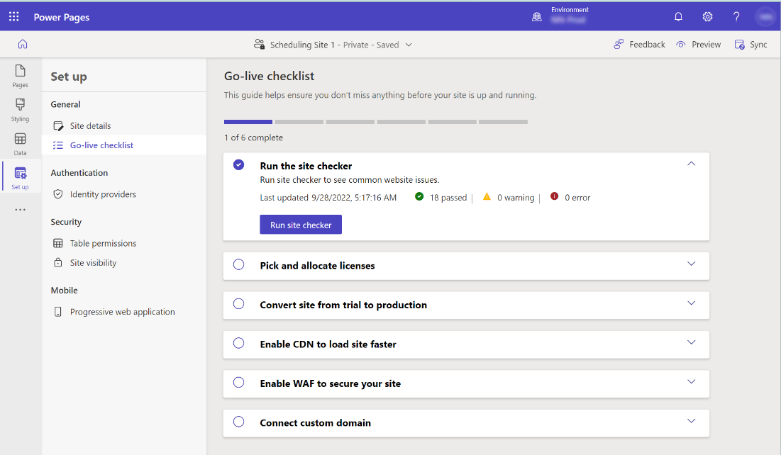 Opção Lista de verificação de ativação em Configurar espaço de trabalho.