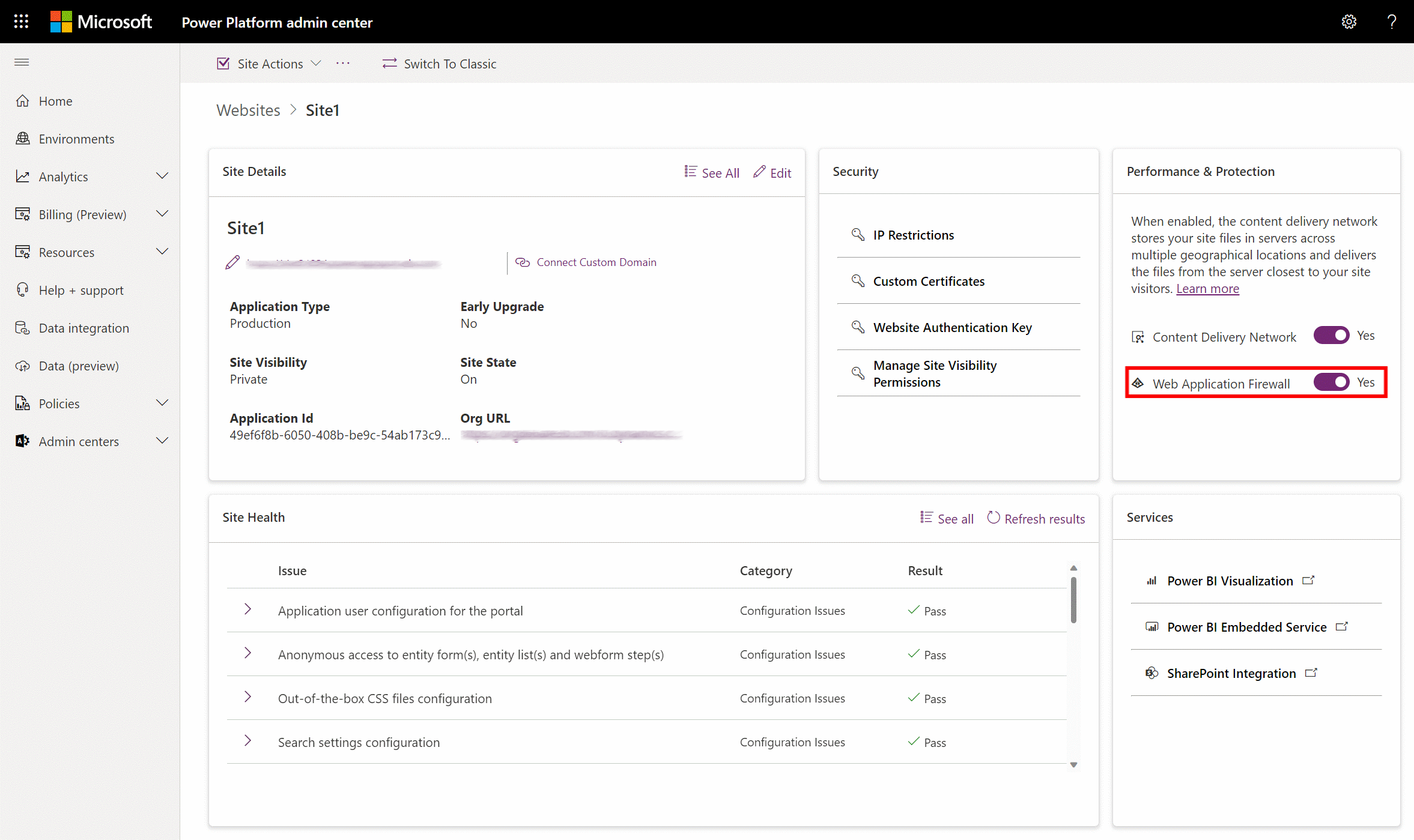 O cartão Desempenho e Proteção dentro do estúdio de design com a alternância Habilitar Firewall de Aplicativo Web habilitada.