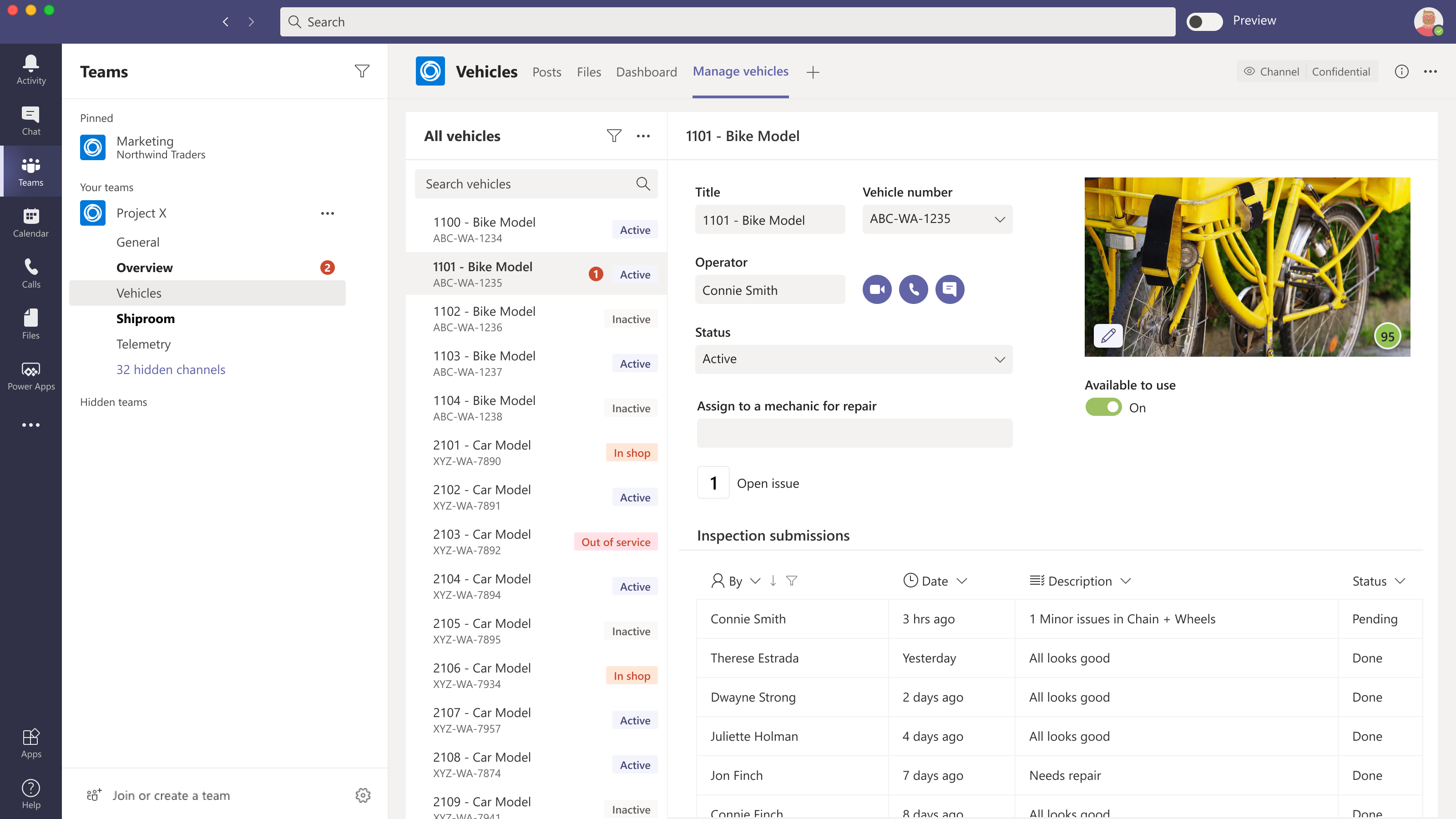 Gerenciar veículos no Microsoft Teams