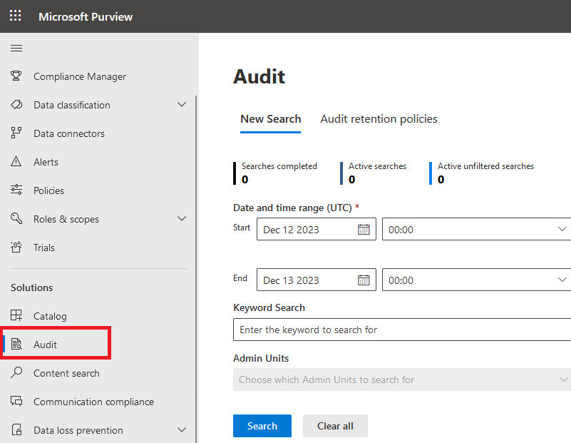 Uma captura de tela das opções de Nova Pesquisa para Auditoria.