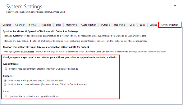 Uma captura de tela da guia Sincronização das Configurações do Sistema no Dynamics 365 for Outlook.