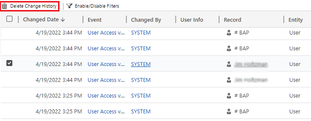 Selecione Excluir Histórico de Alterações para excluir todos os logs do registro selecionado.