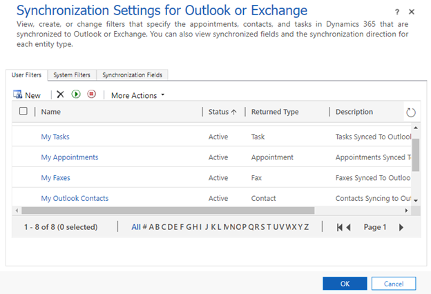 Captura de tela mostrando a página Configurações de Sincronização para Outlook ou Exchange.