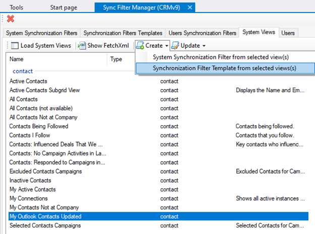 Captura de tela da tela de exibições do sistema no XrmToolBox.