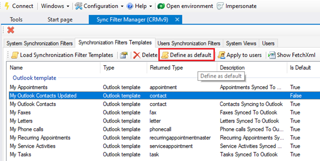 Captura de tela mostrando a opção Meus Contatos do Outlook Atualizados selecionada e o comando Definir como padrão realçado na barra de comandos.