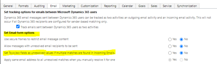 Definir opções do formulário de email.