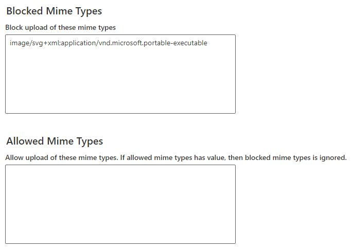 Captura de tela dos tipos MIME bloqueados nas configurações de privacidade do ambiente Dataverse.