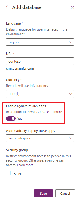 Selecione Habilitar aplicativo do Dynamics 365.