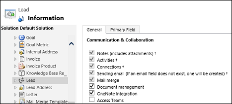 Selecione a integração com o OneNote para uma entidade.