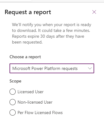 Captura de tela que mostra o menu suspenso para os relatórios de solicitações. Power Platform 