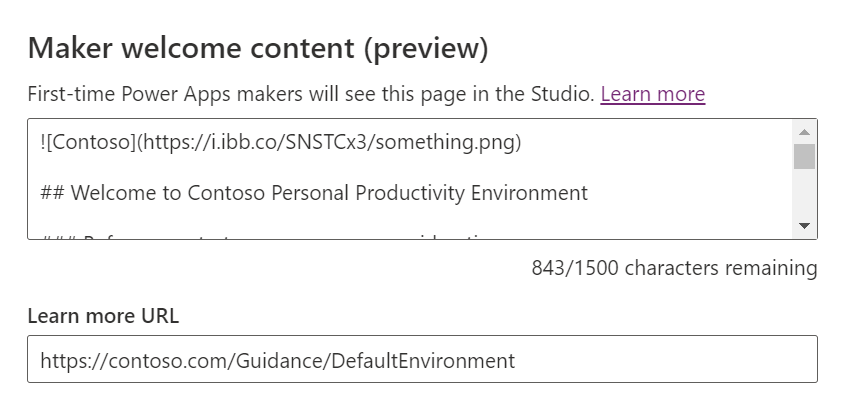 Captura de tela das configurações do conteúdo de boas-vindas para criadores no Power Apps.