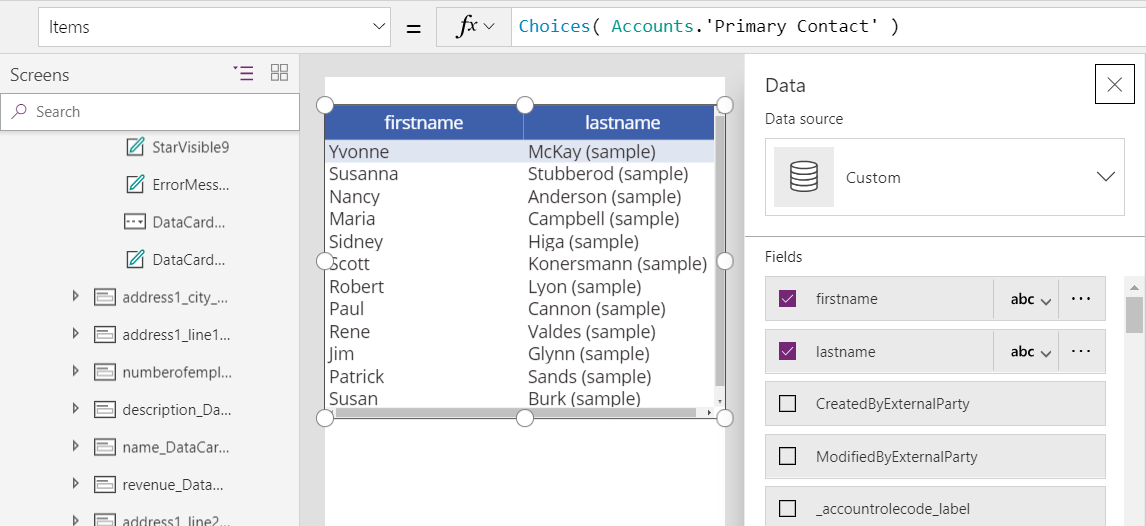 Uma tela com um controle de tabela de dados. A propriedade Items é definida como a fórmula Choices( Accounts.'Primary Contact' ) e a tabela mostra as colunas firstname e lastname para o primeiro conjunto de registros da tabela Contacts.