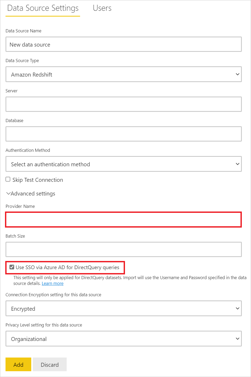 Imagem da guia Configurações da Fonte de Dados com as configurações avançadas de Nome do Provedor e Usar o SSO por meio do Azure AD para consultas DirectQuery enfatizadas.