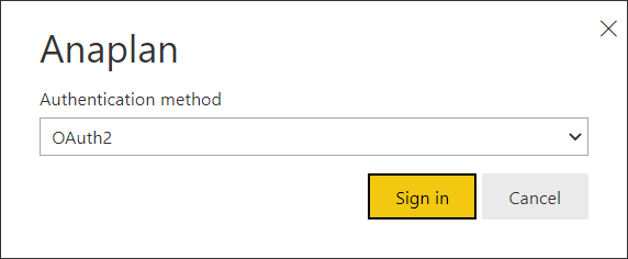 A caixa de diálogo do método de Autenticação do Anaplan com um menu suspenso e o botão Entrar.