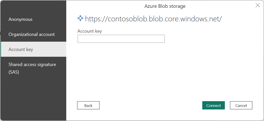 Captura de tela da caixa de diálogo Iniciar sessão do Armazenamento de Blobs do Azure, com o método de autenticação de chave de conta selecionado.