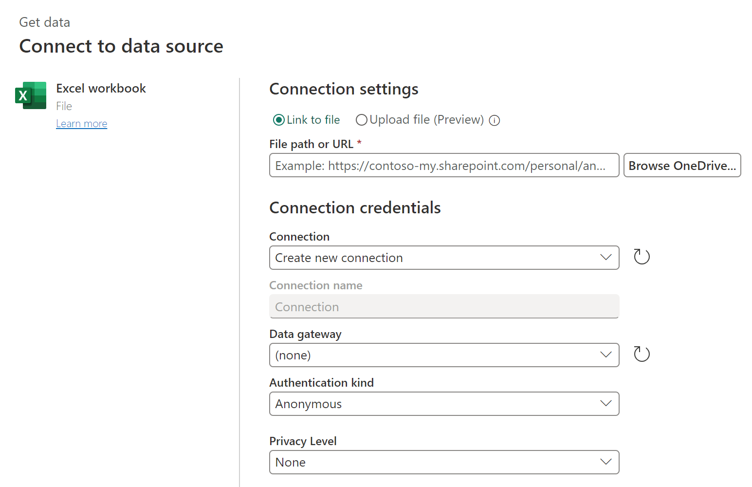 Captura de tela de informações de conexão para acessar a pasta de trabalho do Excel.