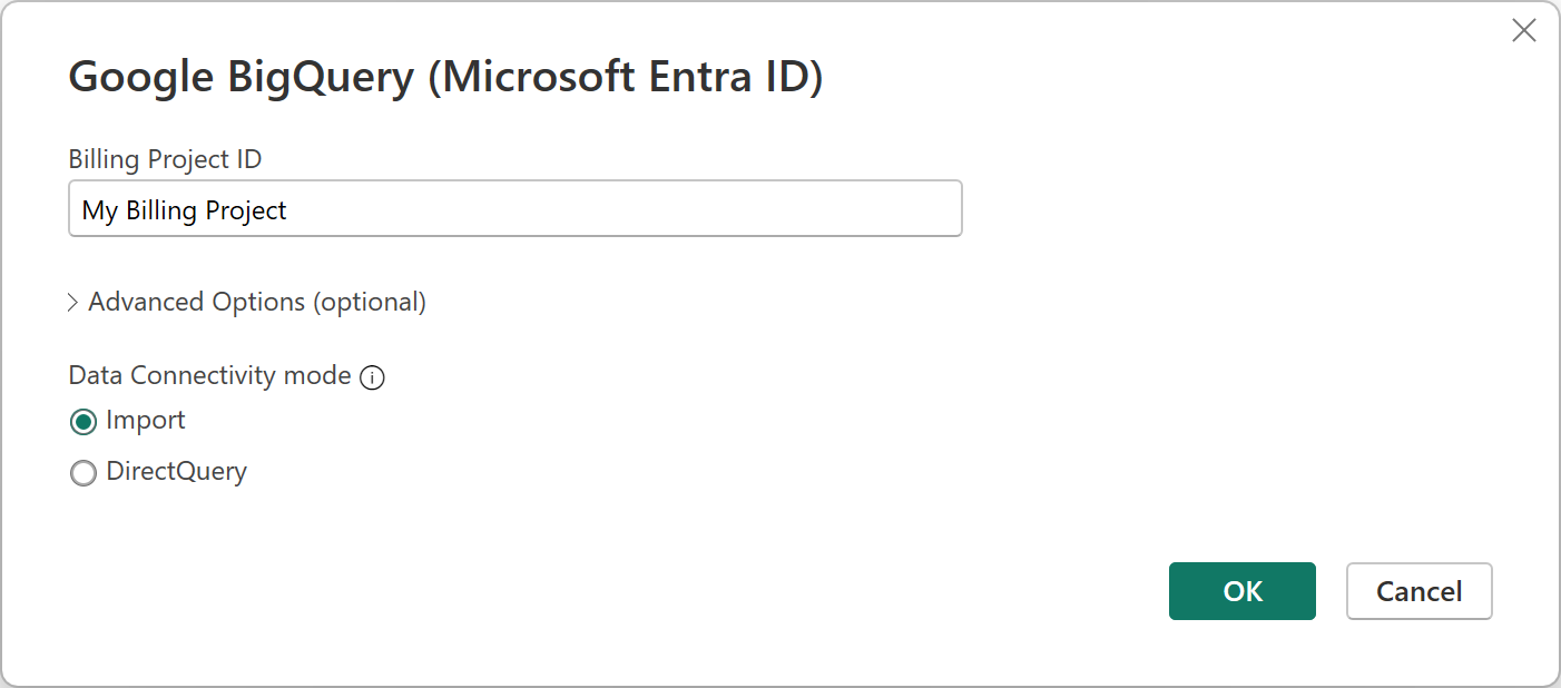 Captura de tela da caixa de diálogo do Google BigQuery (Microsoft Entra ID), onde você insere o ID do projeto de faturamento, seleciona Importar ou DirectQuery e, opcionalmente, seleciona opções mais avançadas.