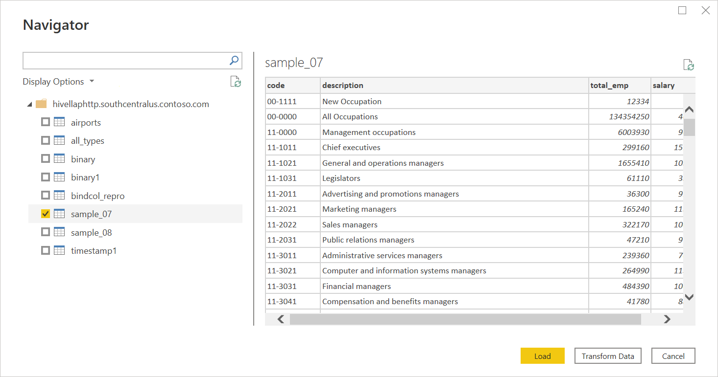 Navegador de dados da importação do LLAP do Apache Hive.