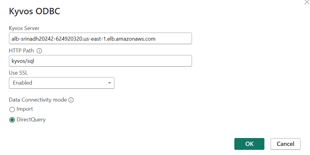 Captura de tela do DirectQuery mostrando a seleção do conector ODBC Kyvos.