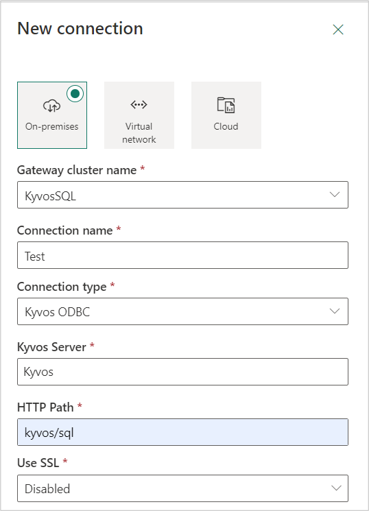 Captura de tela do diálogo NewConnection, mostrando a seleção do conector ODBC Kyvos.