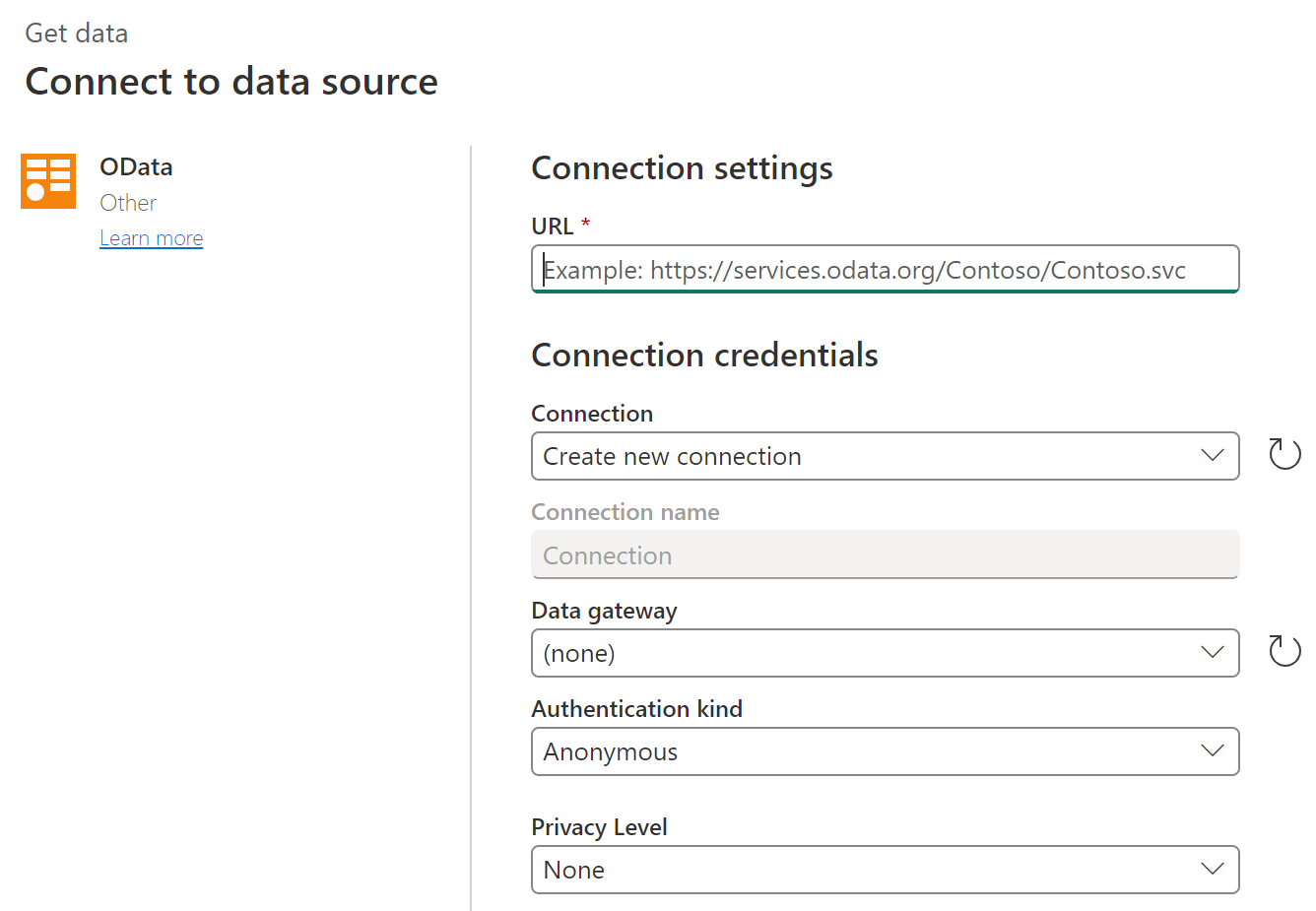 Captura de tela da página de entrada online do OData.