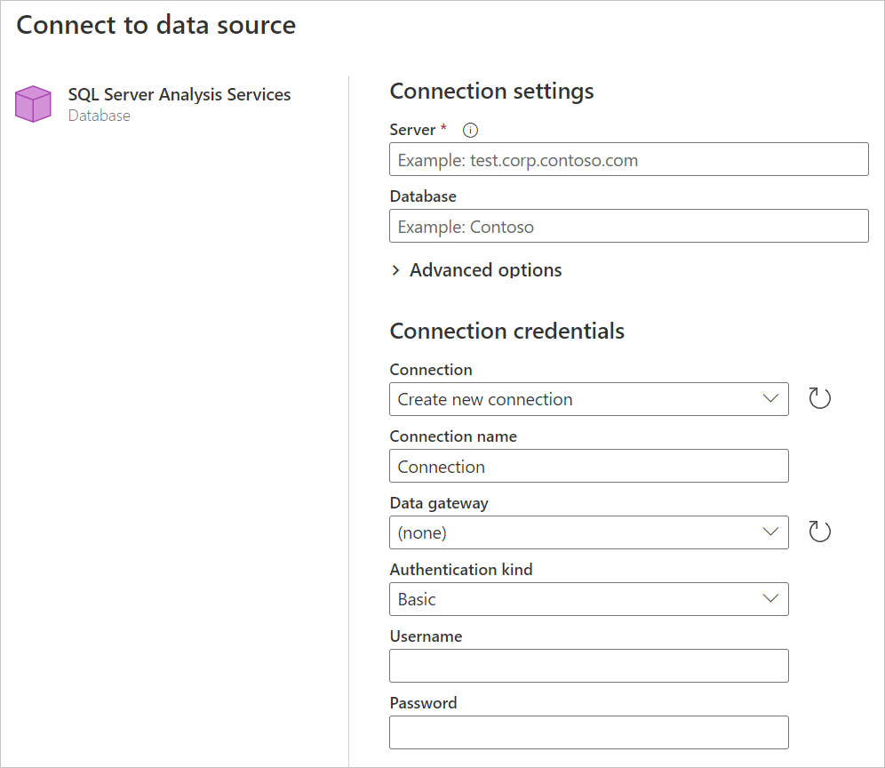 Construtor de conexões de banco de dados do SQL Server Analysis Services no Power Query Online.