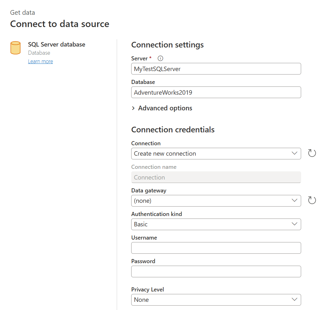 Captura de tela das configurações de conexão e credenciais de conexão para uma conexão de dados.