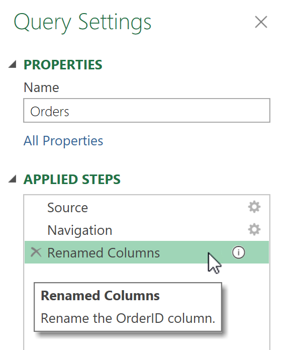 Captura de tela do painel Configurações de consulta com o ícone de descrição e o cursor sobre uma etapa para revelar o nome da etapa e a descrição da etapa no Power Query Desktop.