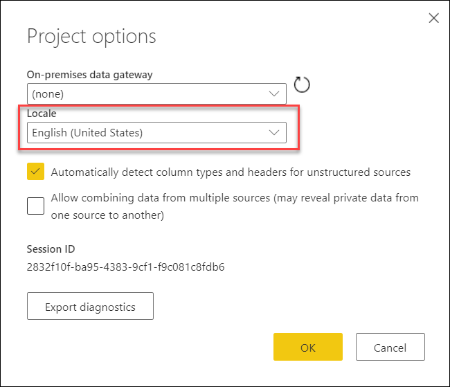 Configuração de localidade no Power Query Online.