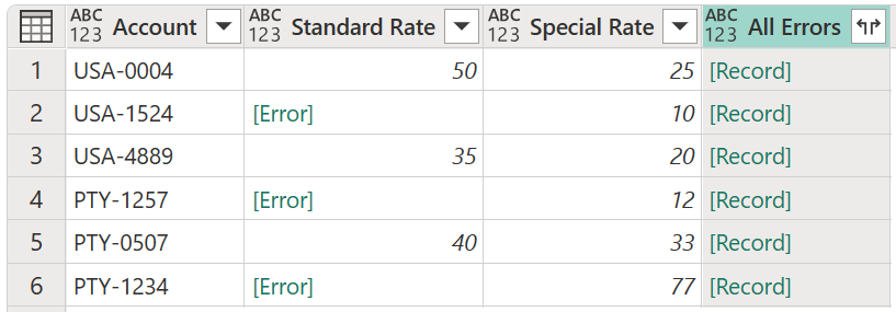 Captura de tela da tabela com a coluna Todos os erros adicionada e os erros exibidos como Registros.