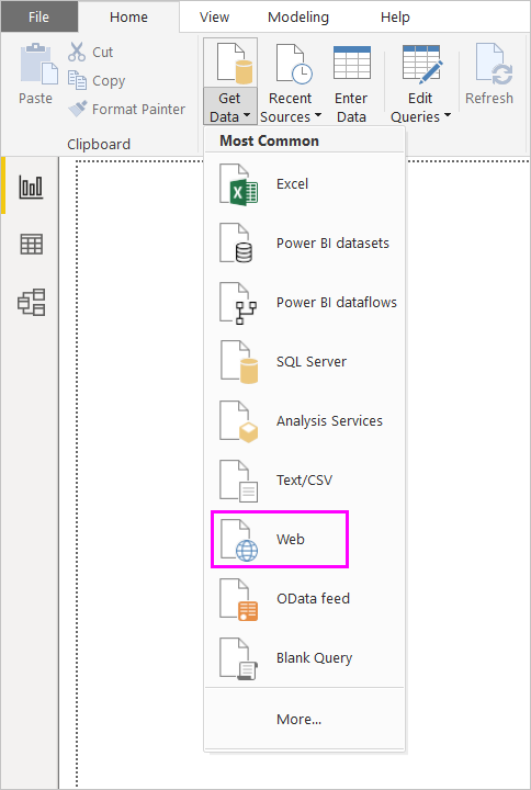 Captura de tela da faixa Obter Dados no Power BI Desktop, mostrando a seleção da Web.