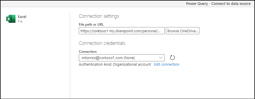 Janela de configurações de conexão com a URL para o arquivo selecionado hospedado no OneDrive for Business.