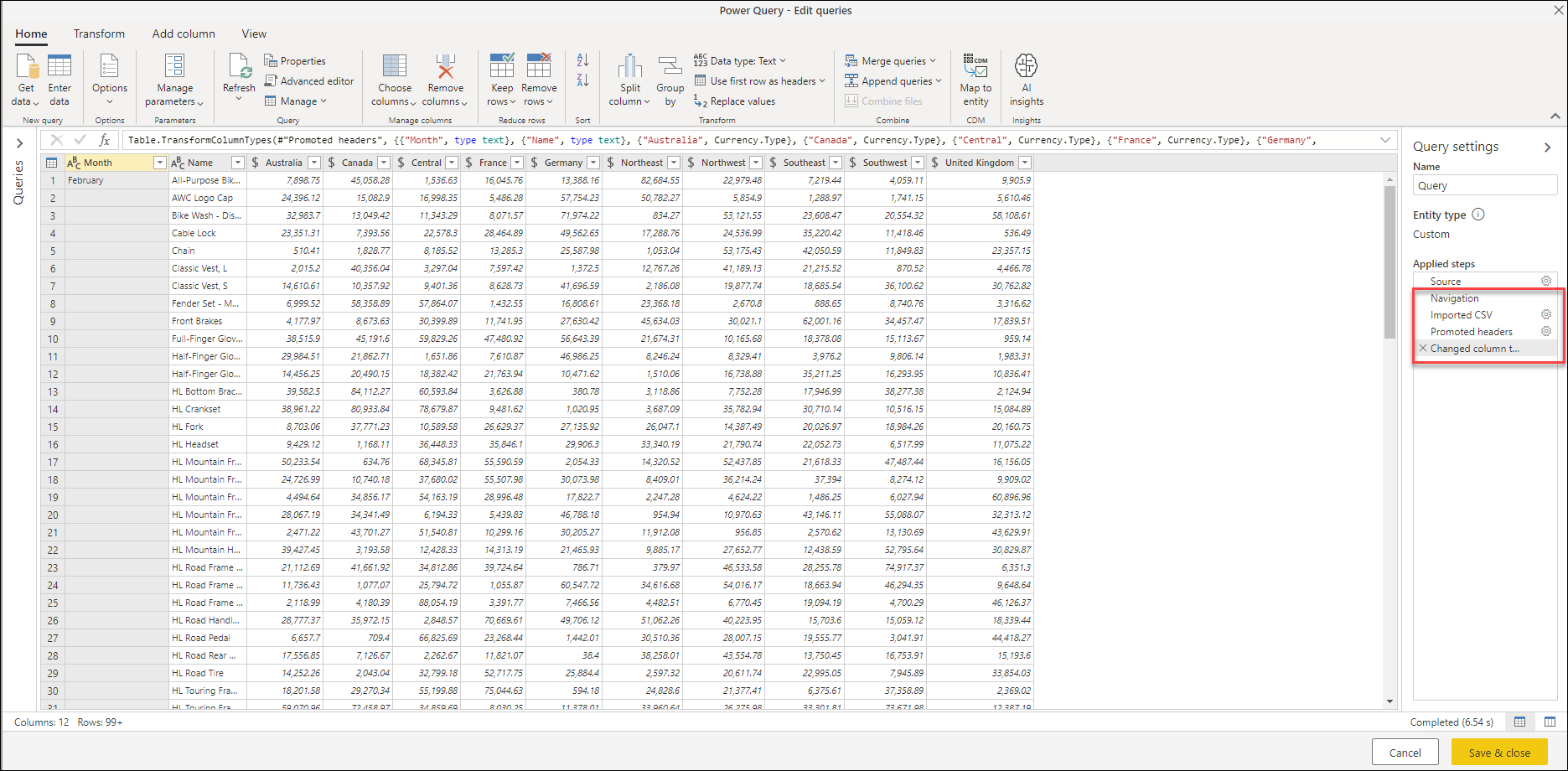 Conteúdo de um arquivo CSV com o nome 02-February.csv que foi interpretado automaticamente pelo Power Query conforme mostrado na seção Etapas aplicadas.