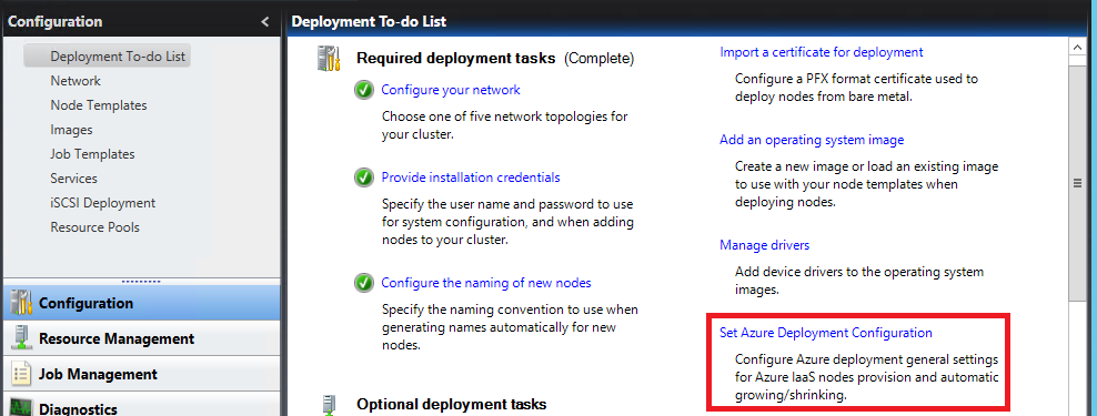 Captura de tela mostra a implantação de configuração para fazer lista com a Configuração de Implantação do Azure realçada.