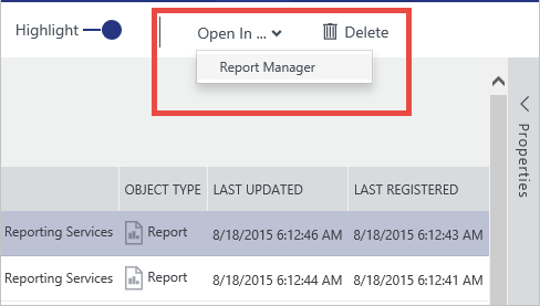 Abrindo uma tabela do SQL Server no Excel a partir do bloco de ativos de dados no modo de exibição de lista selecionando a guia Abrir em.