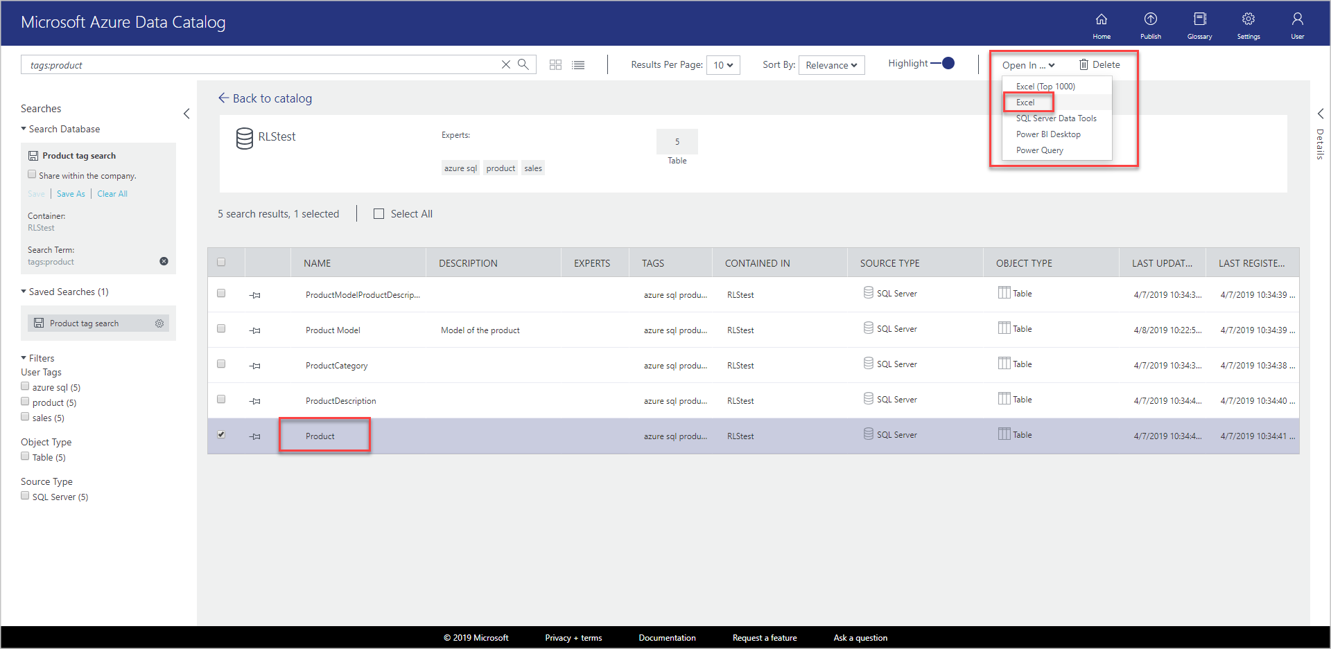 O produto é selecionado na tabela de resultados retornados. O botão Abrir em é selecionado e o Excel é selecionado no menu suspenso.