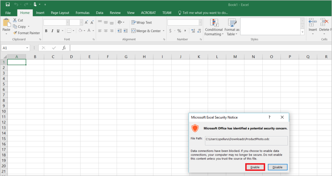 No pop-up Aviso de segurança do Microsoft Excel, o botão Ativar está selecionado.