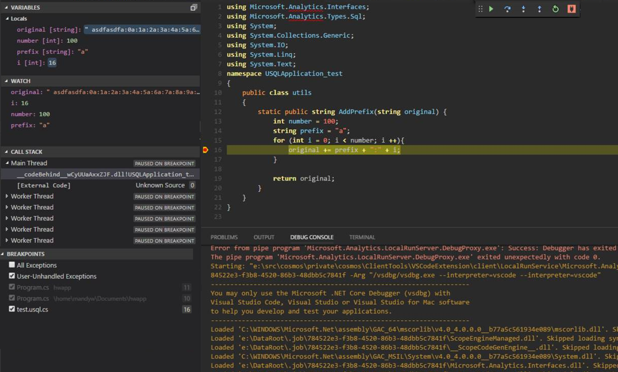 Ferramentas do Data Lake para Visual Studio Code resultado da depuração local