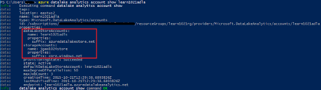 Captura de tela que mostra a CLI do Azure com as informações 