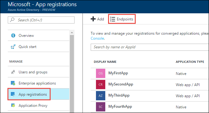 Captura de tela do Active Directory com a opção Registros de aplicativo e a opção Pontos de extremidade realçados.