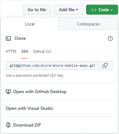 Captura de tela do menu Código no GitHub.