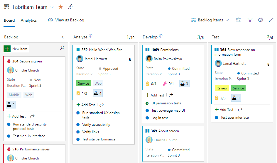 Screenshot of Kanban board showing inline tests added to work items.