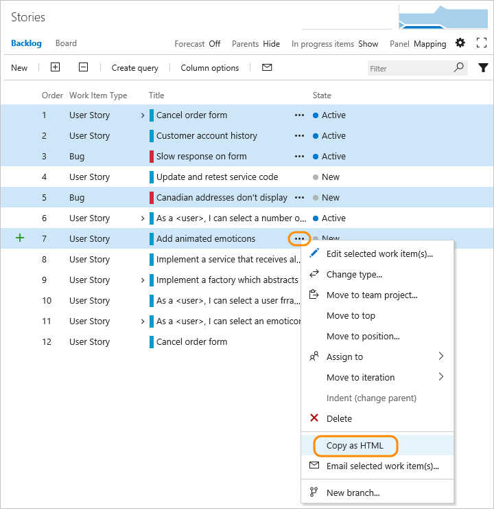 TFS 2017, Backlog page, multi-select items, open context menu, click Copy as HTML menu option