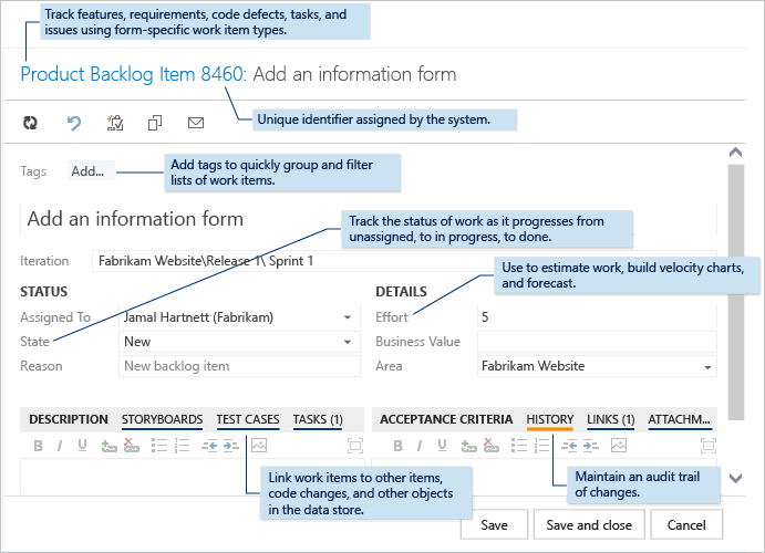 Screenshot of Work item form to track features or user stories, old web form.