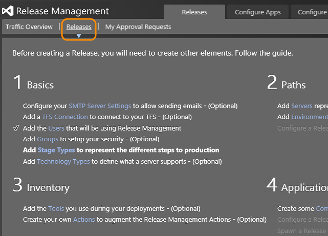 Get started screen to help you with your release pipeline steps